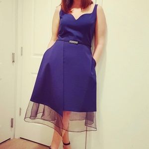 Blue belt dress with organza detail
